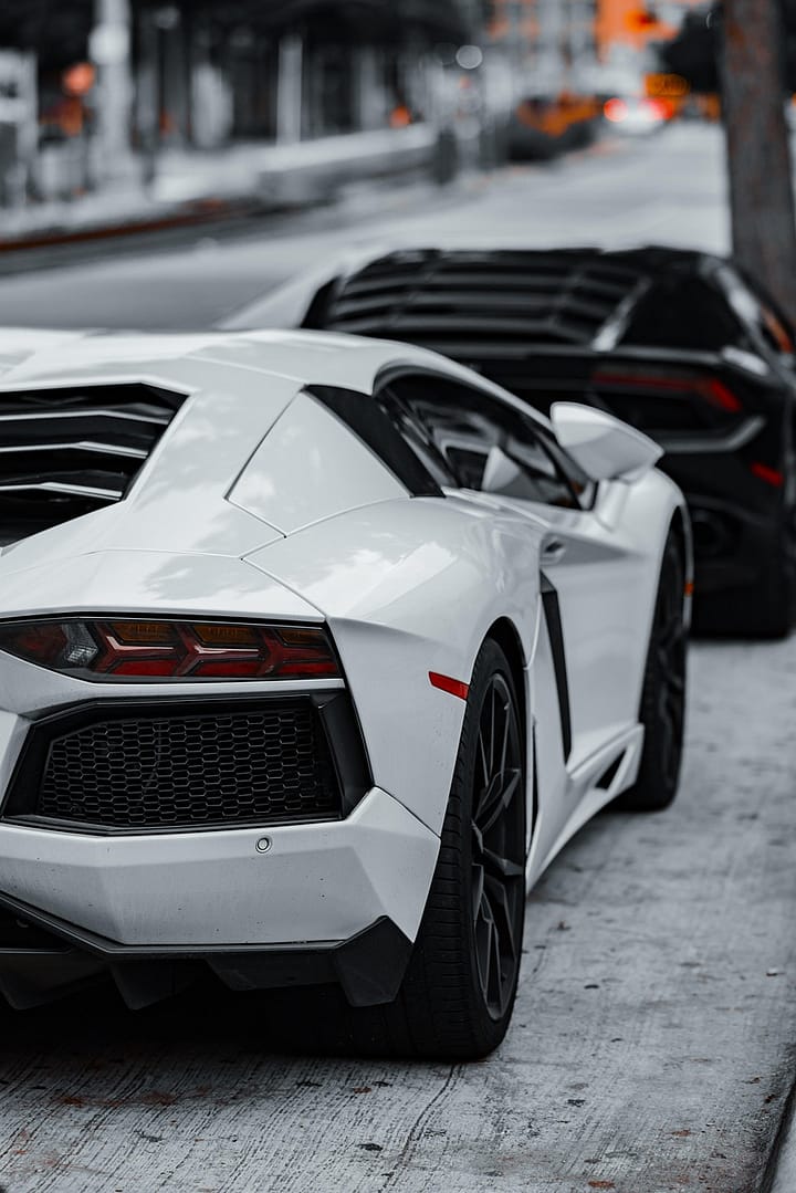 cars, super cars, luxury cars, lamborghini, corvette, black car, white car, sports cars, exotic cars, daytime, parked cars, car row, black lamborghini, white lamborghini, black corvette, high-end vehicles, automobile, car collection, outdoor